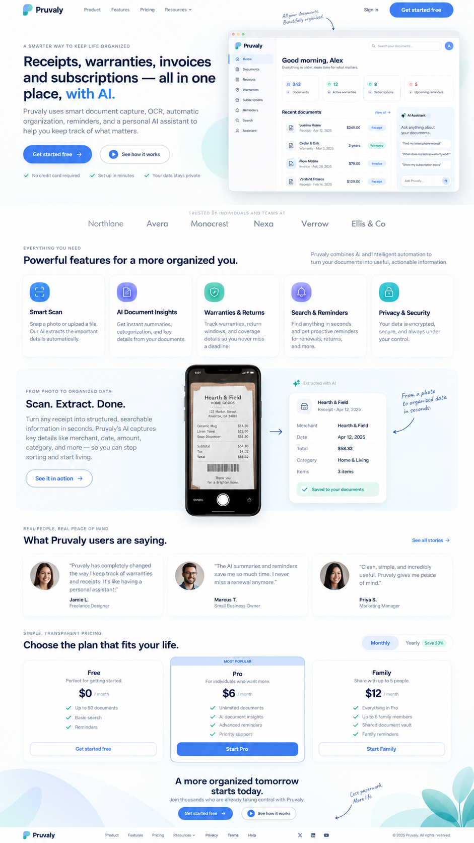 Pruvaly concept dashboard showing organised documents, active warranties, subscriptions, reminders and an AI assistant